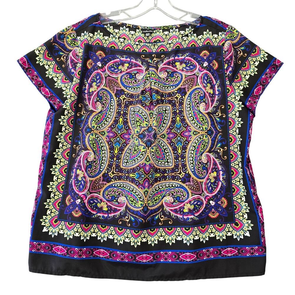 Rafaella Black Boho Paisley Shirt Sheer Short Sleeve Round Neck Women Size M Top